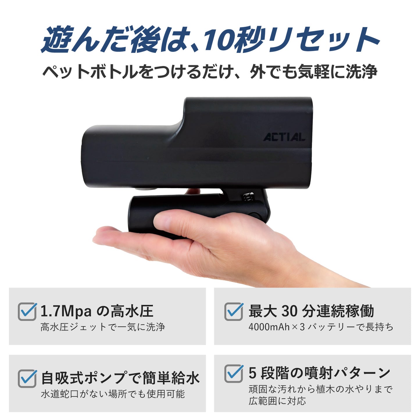 ACTIAL コードレス高圧洗浄機 家庭用 ペットボトル対応 網戸 玄関 ベランダ掃除に 5段階モード 静音設計