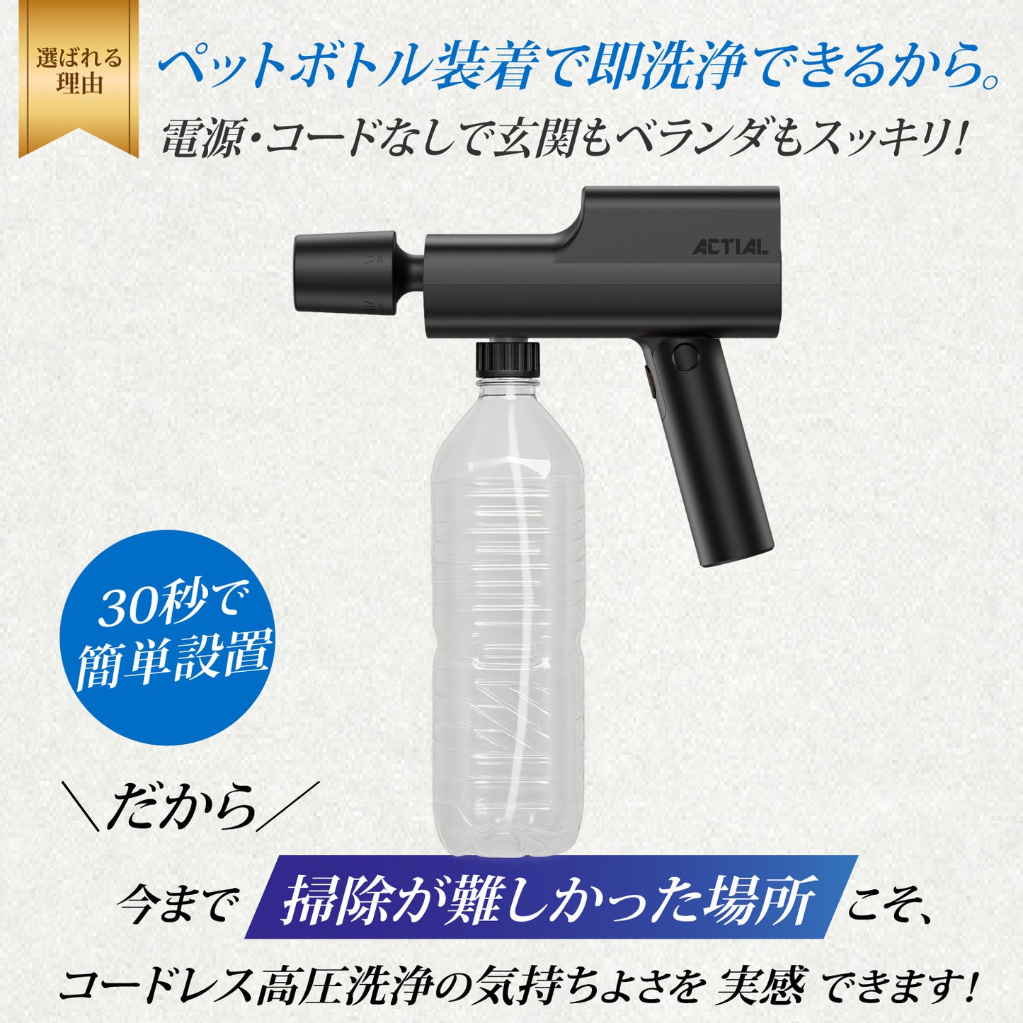 ACTIAL コードレス高圧洗浄機 家庭用  ペットボトル対応 網戸 玄関 ベランダ掃除に 5段階モード 静音設計