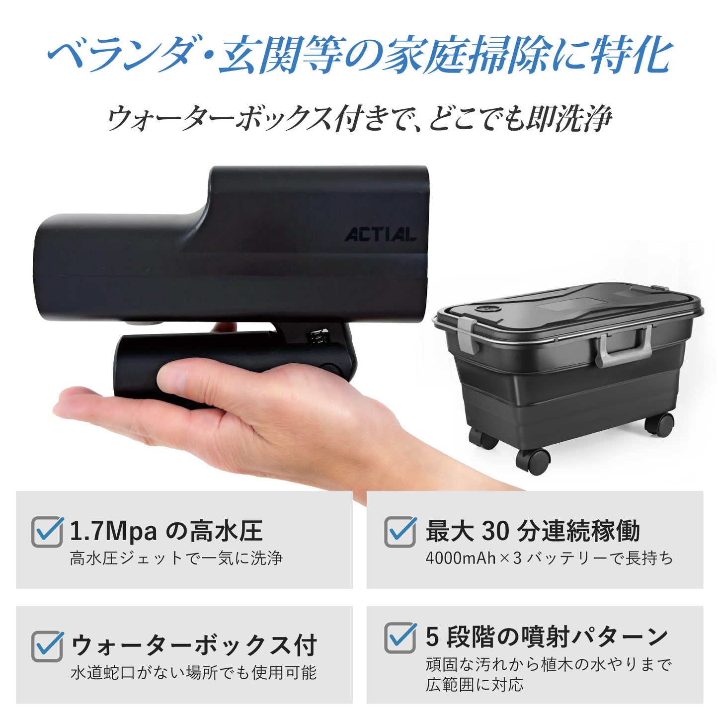 ACTIAL コードレス高圧洗浄機 家庭用 折りたたみ収納ボックス ペットボトル対応 網戸 玄関 ベランダ掃除に 5段階モード 静音設計