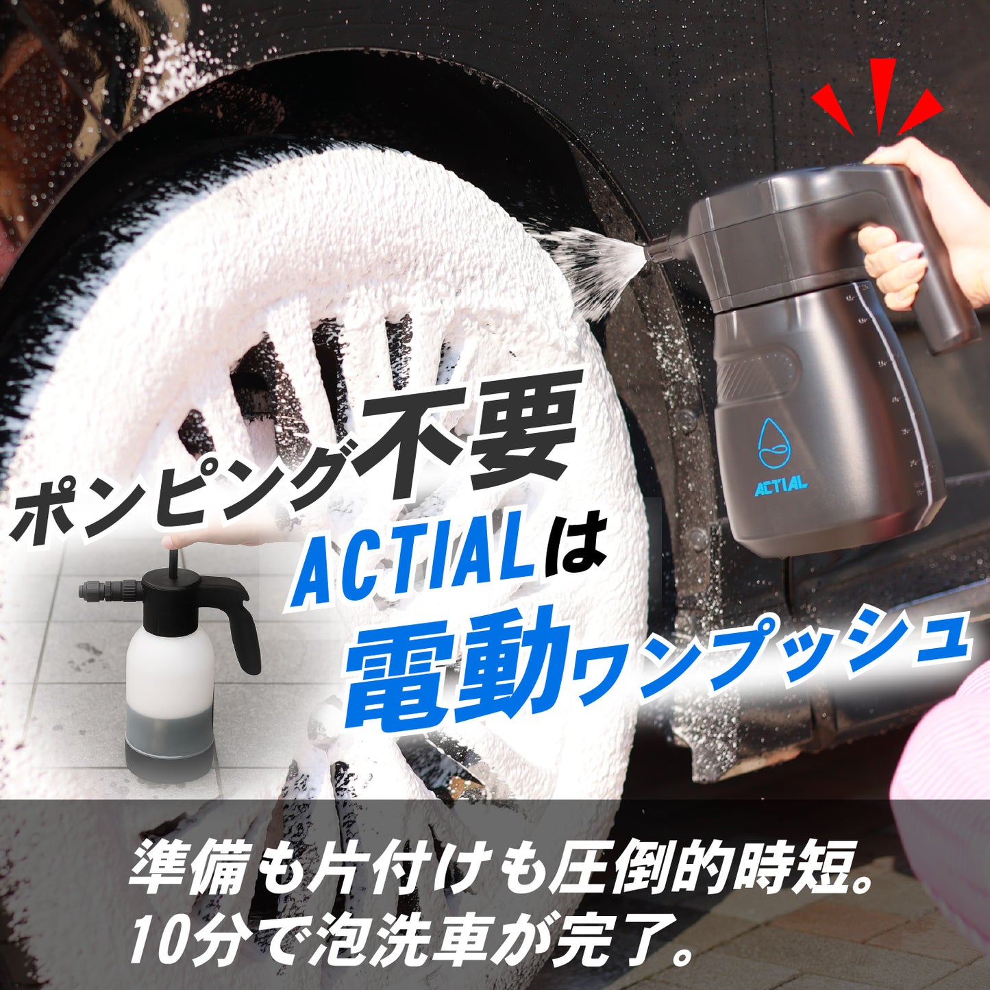 【濃密泡・静音設計】ACTIAL フォームガン 電動泡洗車機 高圧0.36MPa 専用シャンプー付属 リチウム電池内蔵 ワンタッチ操作 自動加圧タイプ